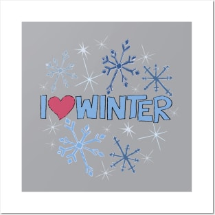 I Heart Winter Illustrated Text with snowflakes Posters and Art